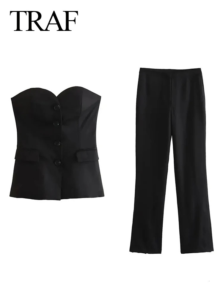 TRAF Women Fashion Solid Pant Suit Sleeveless Off Shoulder Single Breasted Tube TopSimple All-match Straight Trousers Set 250207