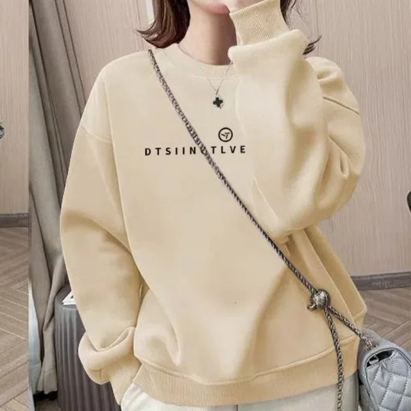 Office Lady Korean Pullover Round Neck Flocking Lantern Long Sleeve Printing Letter Casual Womens Clothing Autumn Winter Tops 250208Z