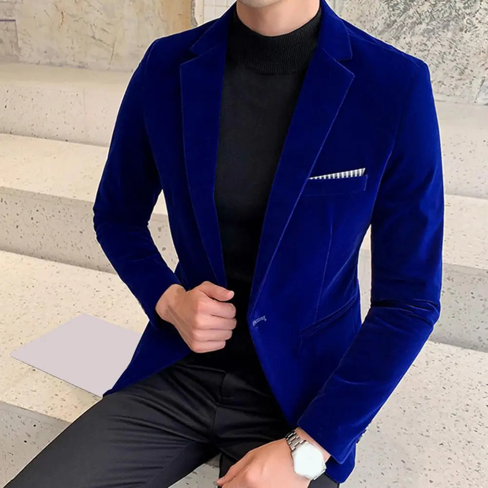 Velvet Men Blazer Temperament Turndown Collar Single Button Slim Fit Suit Coat Elegant Lining Male Formal Jacket 250208Z