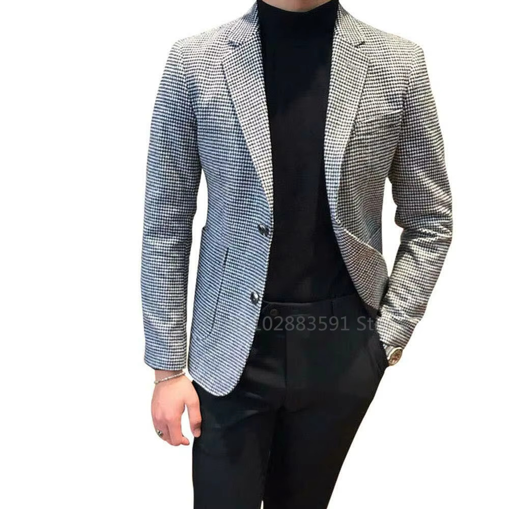 2024 British Style Slim Fit Houndstooth Blazer For Men Fashion Single Breasted Business Office Wedding Dress Suit Jacket
