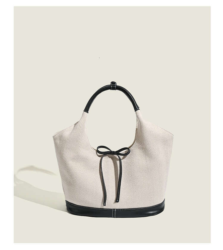 Korean Niche French Bow Tote Splicing Simple Commuting Versatile Shoulder Solid Color Casual Large Bag