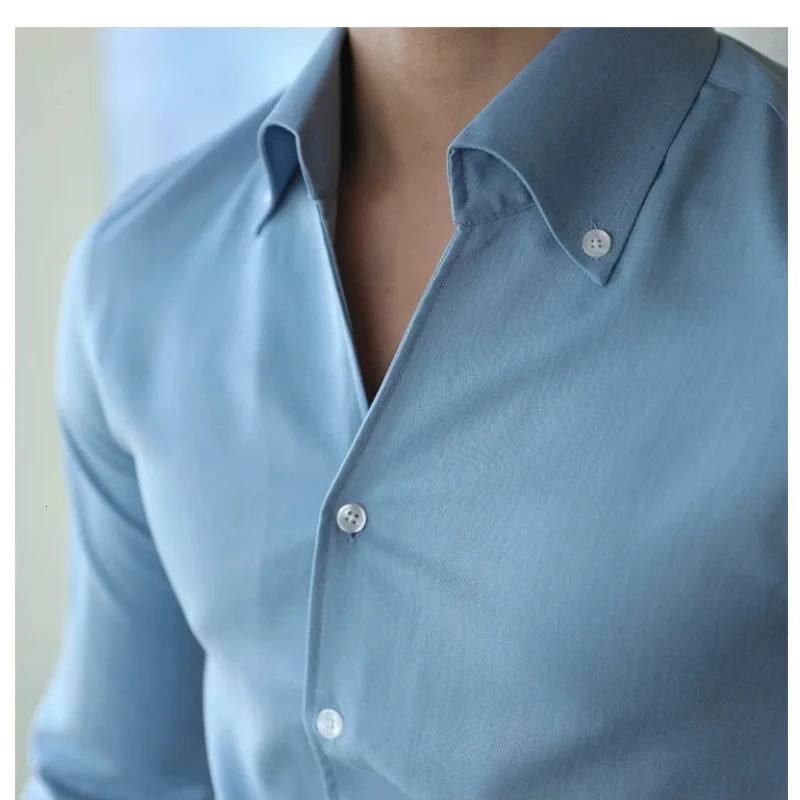 Mens Italian Collar Shirt -free Casual Fashionable Slim-fit with A Lapel ed Clothing Youth 250207