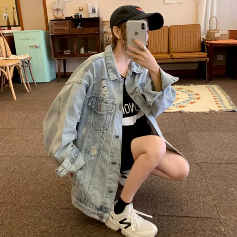 Denim Coat Women Hole Jackets Casual Jacket Turn Down Collar Y2k Tops Coats Single Breasted Elegant Spring Autumn Outerwear 250122