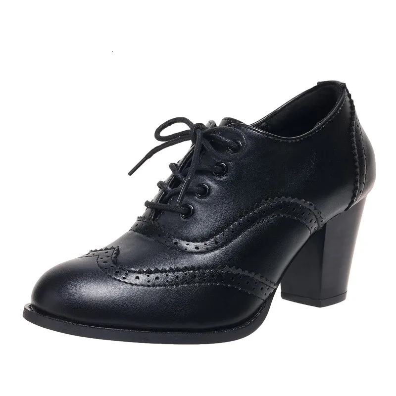 2024 Women Pumps Round Toe Wood Heels Platform Student Carved Retro LaceUp Classic Spring 250118