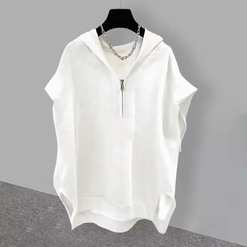 Summer mens zipper sleeveless hooded T-shirt Korean fashion vest Y2K street clothing casual vest hip-hop T-shirt 250207