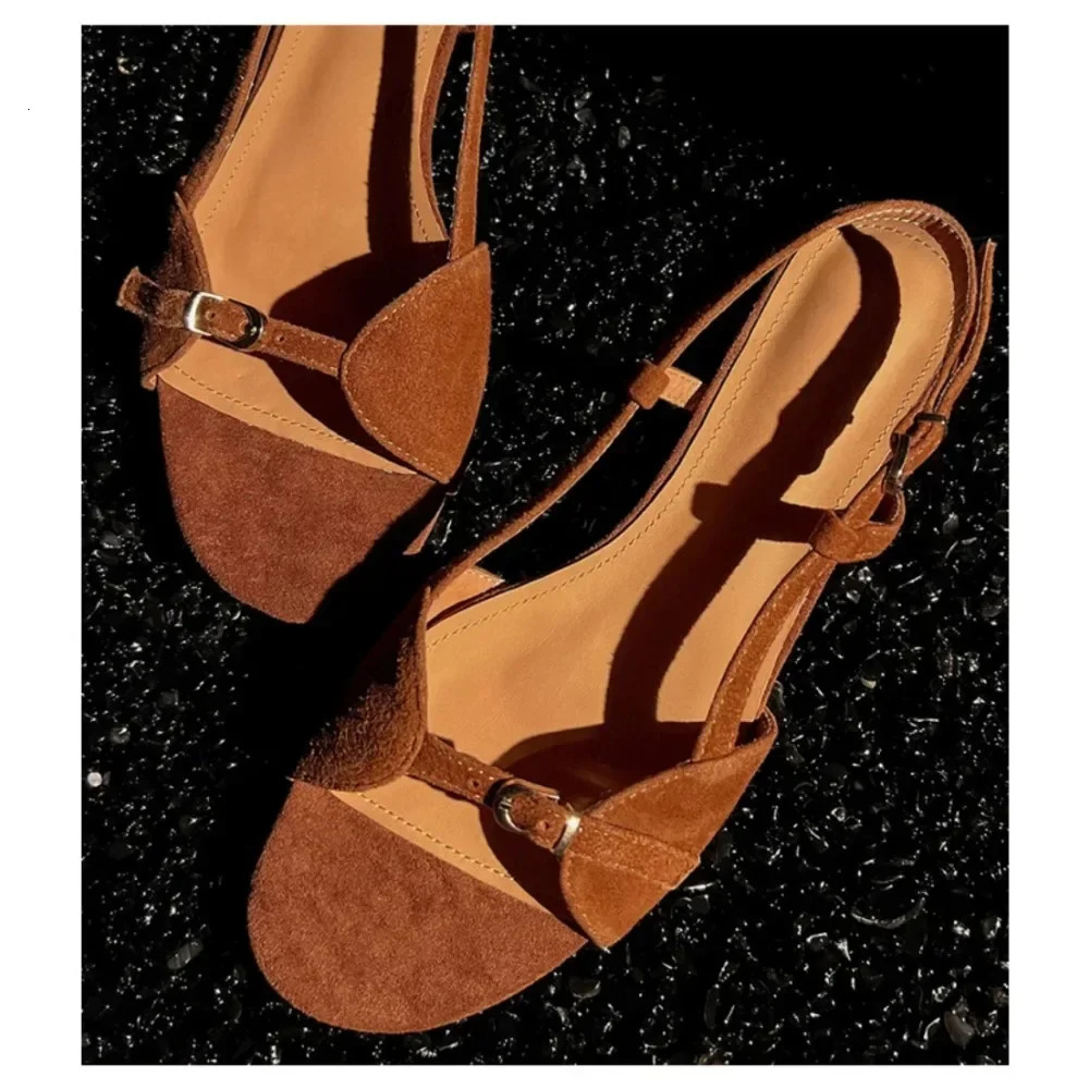 Summer New Sales Open Toe Fashion Belt Buckle Hollow Matte Suede Casual Womens Low Heel Sandals Slip On 250207