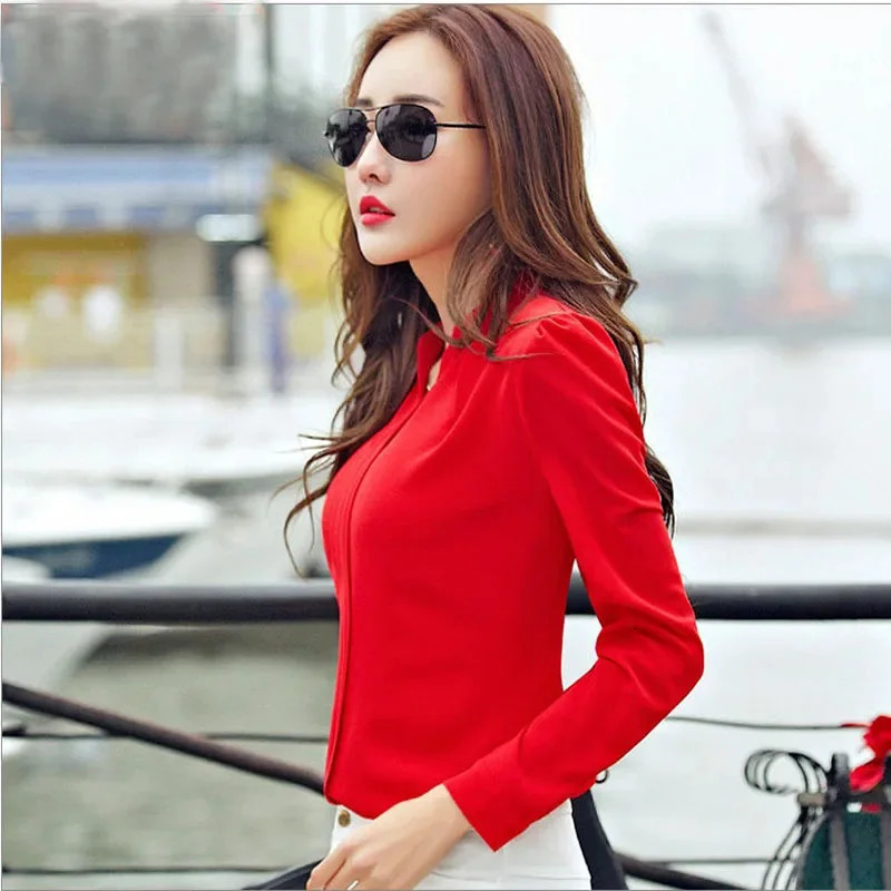 Long Sleeve Shirt Women Autumn Clothing Fashion Slim Blouse V Neck Korean Elegant Ladies Office Shirts White Red 250121