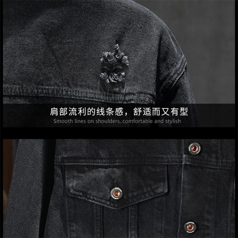 Trendy Embroidered European Street Loose Denim Jacket Men Black Vintage Ripped Work Printed Letter Top Cotton Mens Fashion 250207