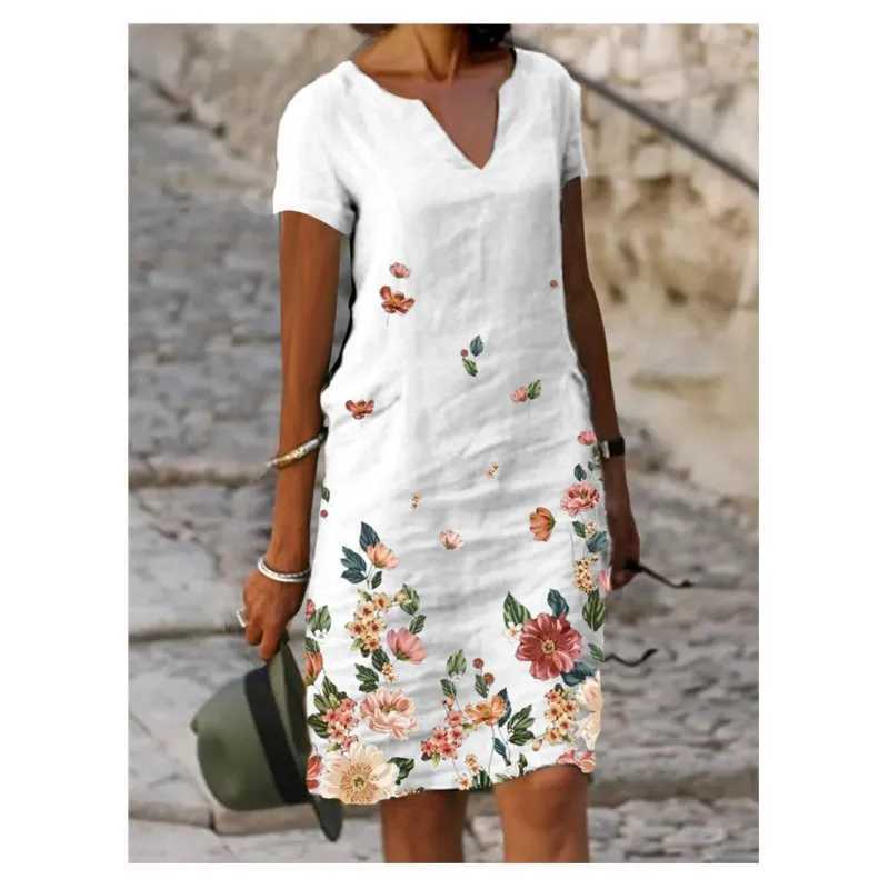 New Retro Womens Floral Printed Cotton Linen Short Swed Mid To Long V-neck Dress For Womens Ele Slim Fit A-line Skirt W250208