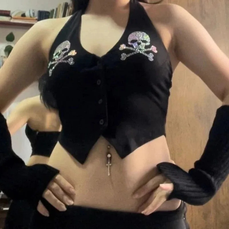 Y2k Emo Girl 2000s Goth Skull Rhinestone Tops Halter Grunge Crop Top Sexy Backless Vintage Punk Women Tank Tops 250116
