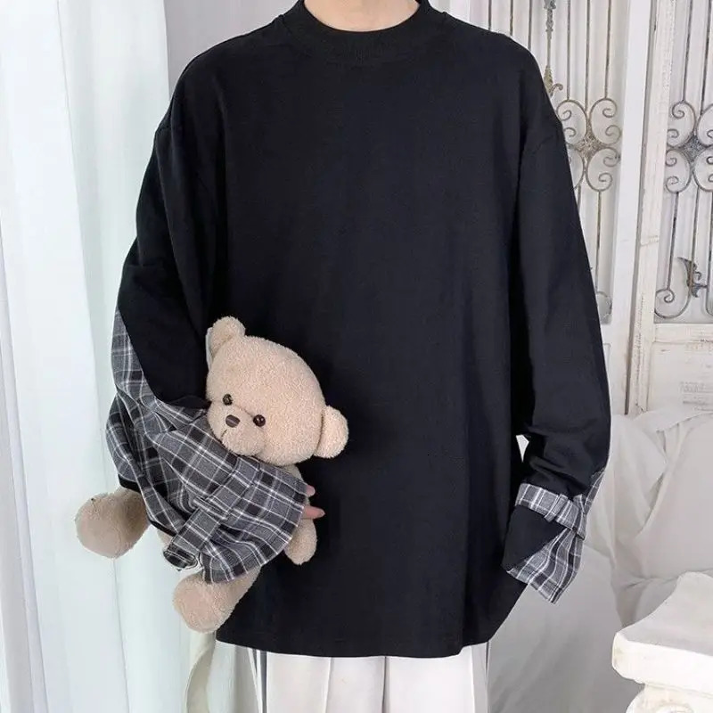 Stylish ONeck Spliced Loose Korean Plaid TShirt Mens Clothing 2023 Spring Casual Pullovers Long Sleeve Allmatch Tee Shirt 250207