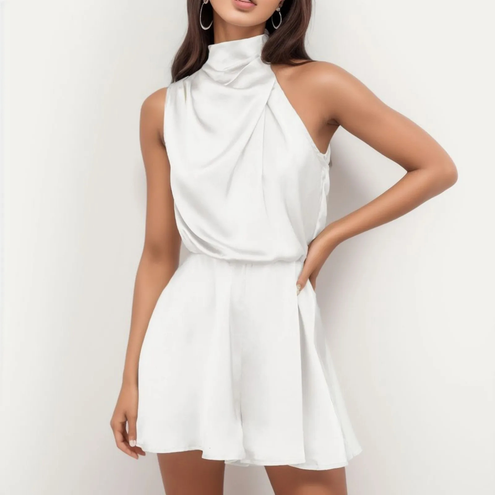 Solid Color Satin Dress Sexy Mock Neck Bodycon Night Birthday Party Dresses Off Shoulder Holiday Women Summer Robe Femme 250208wtt