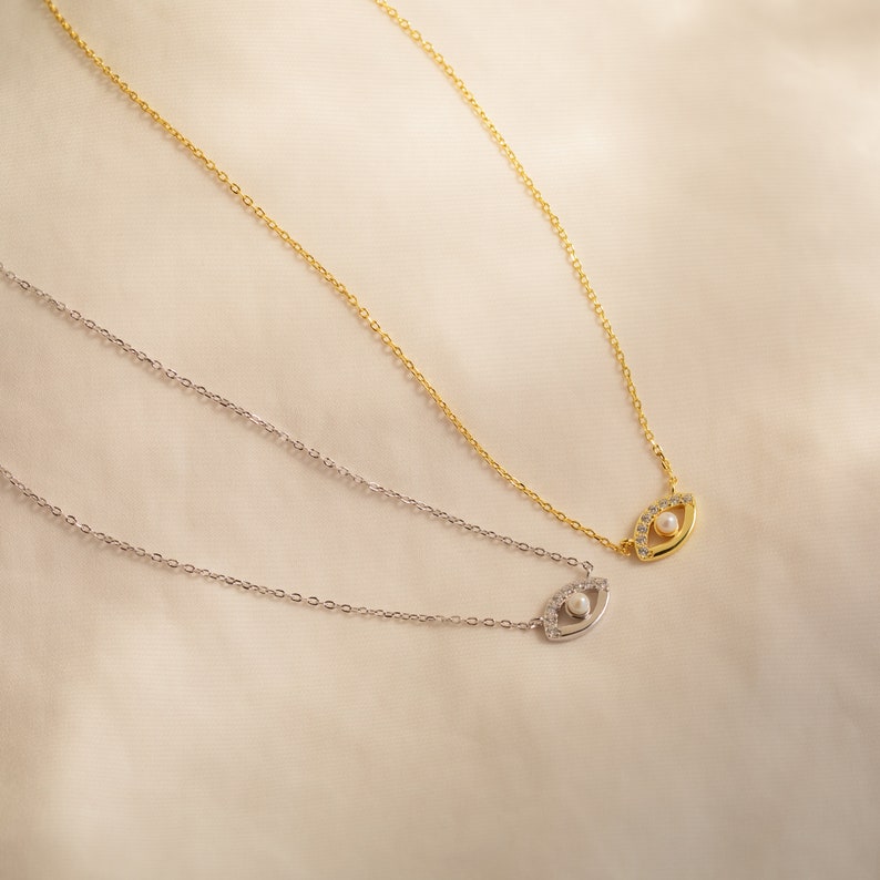Pave Diamond Evil Eye Charm Necklace Dainty Crystal Necklace with Pearl Bead Perfect Gift for Her