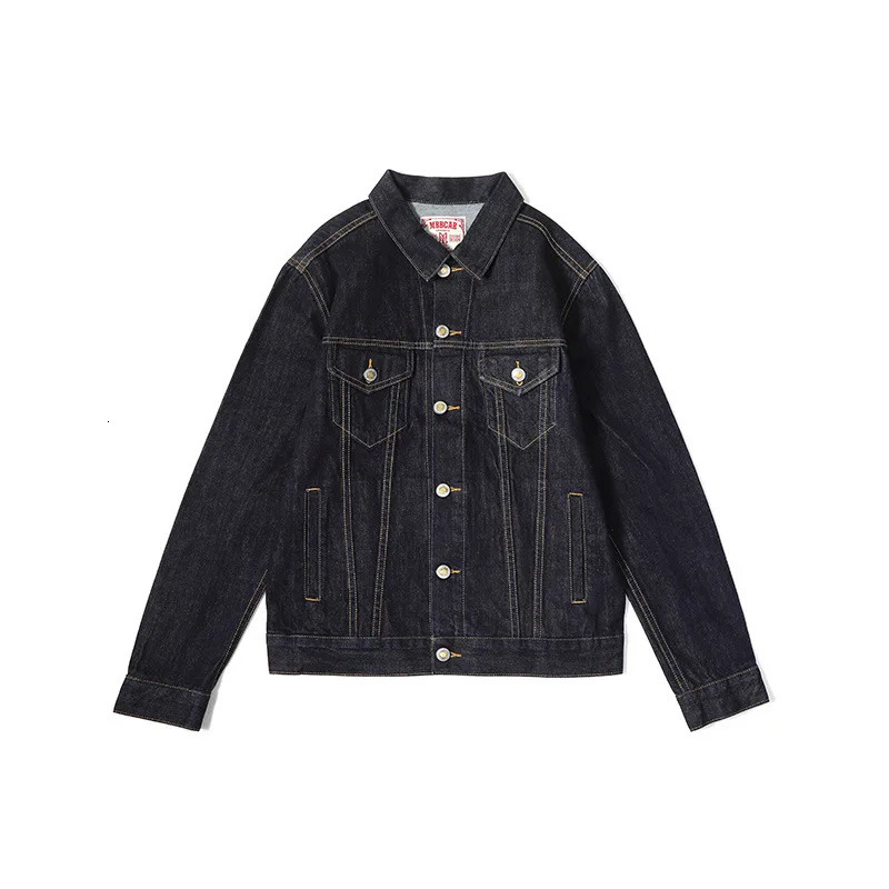 Casual Classic Selvedge Denim Jacket For Men Amekaji Vintage Black Solid Color Mens Coat 250207