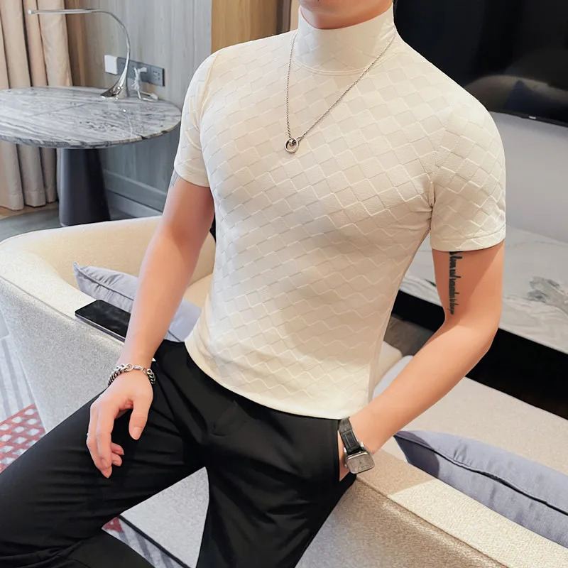 Summer checkered mens Tshirt fashionable clean suitable for short sleeves casual fully matched breathable high neck turtle 250207