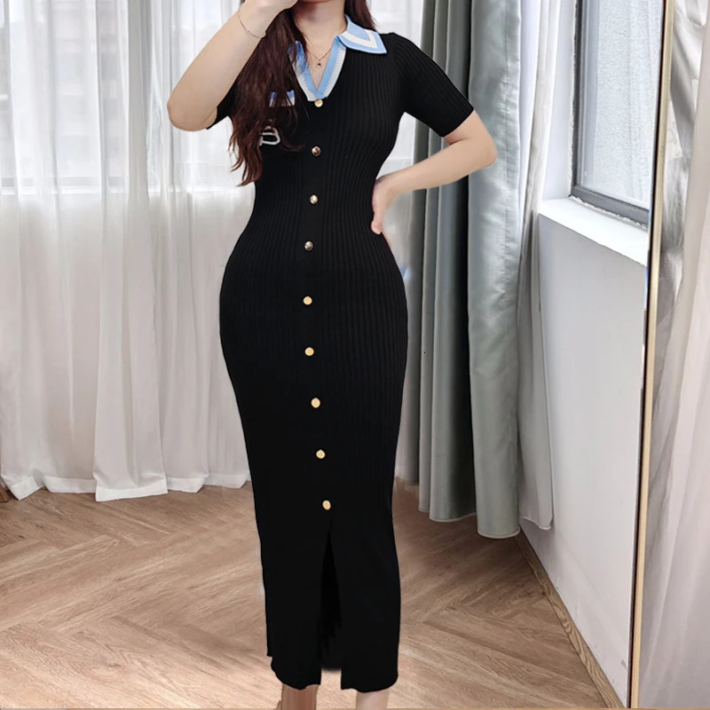 YuooMuoo Women Dress Chic Fashion Notched Rib Knitted Long Office Lady Singlebreasted Package Hips Sweater Vestidos 250208wtt