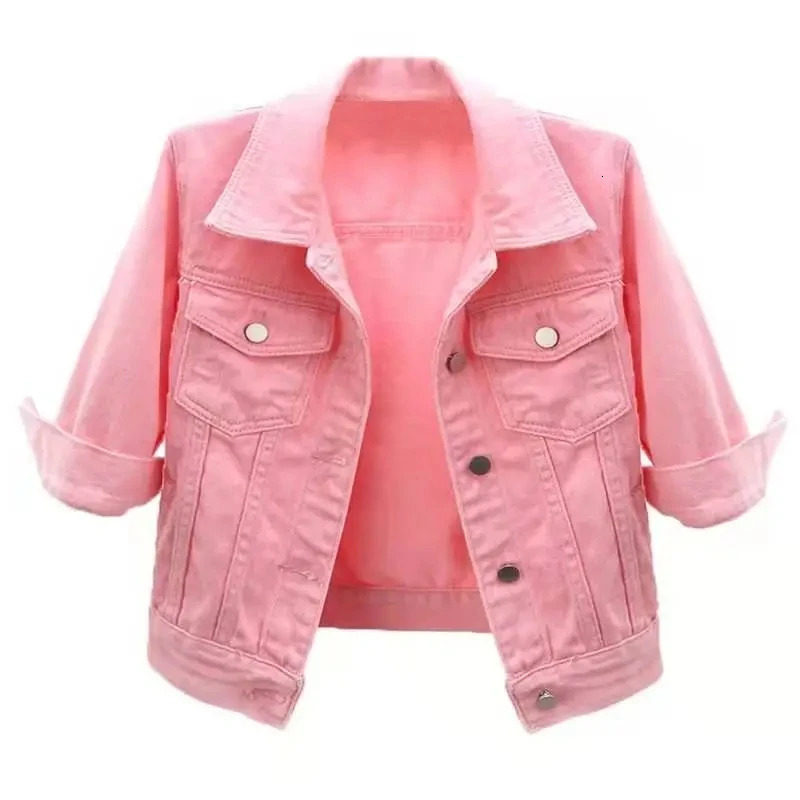2024 Women Spring Autumn Denim Jacket Tops Pink Color Solid Short Multicolor Feminino Three Quarter Sleeve Jean 250208Z