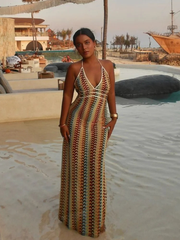 Sexy Crochet V Neck Halter Midi Dres Fashion Sleeveless Backless Slim Knitted Dress 2025 Summer Lady Highstreet Robe 250207