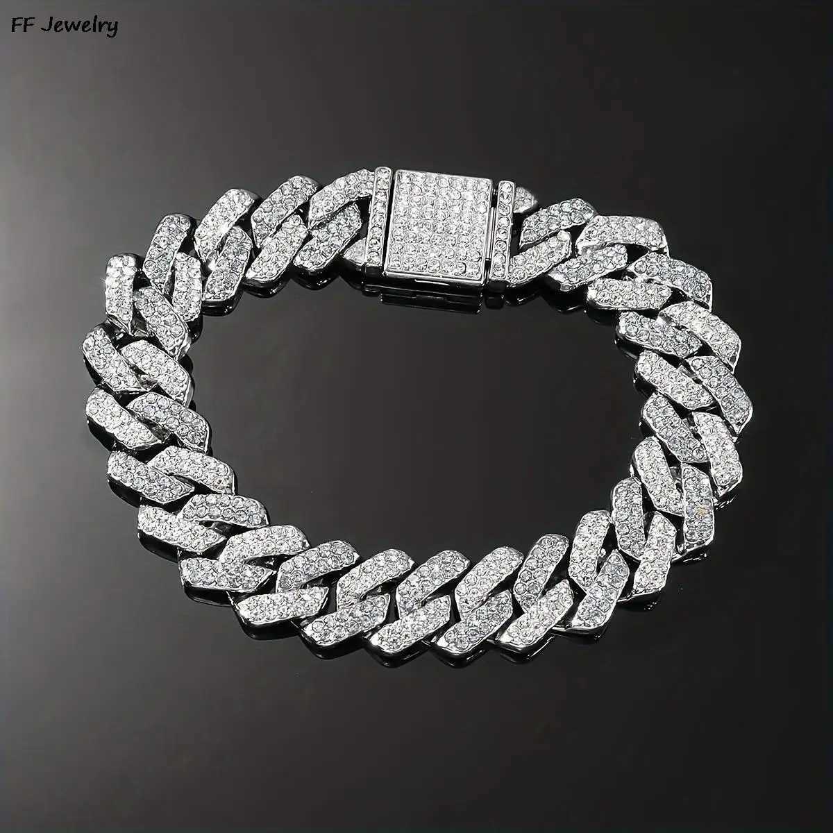 14mm Hip Hop Shiny Cuban Link Chain Bracelets Gold Color Rhinestone Iced Out Chain Bracelets Punk Wristband Women Men Jewelry Y250208