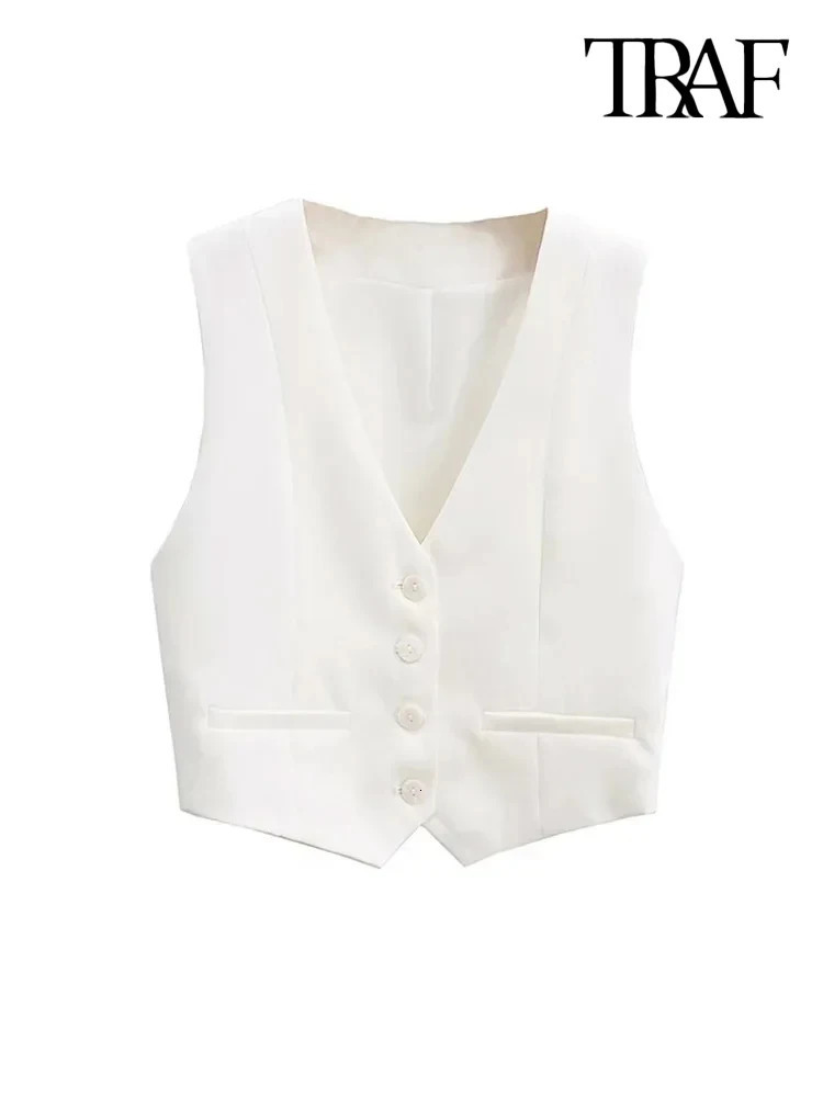 TRAF Women Fashion Front Buttons Cropped Waistcoat Vintage V Neck Sleeveless Female Outerwear Chic Tops 250207