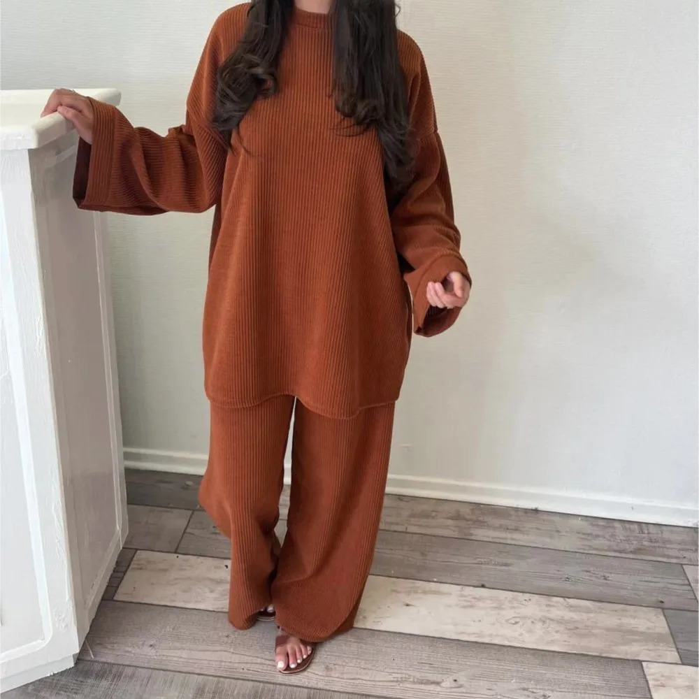 Spring Autumn Solid Color Corduroy Pants Sets Women Loose Long Sleeve Wide Legs Trousers Two Piece Set Female Commuting Clothing 250207