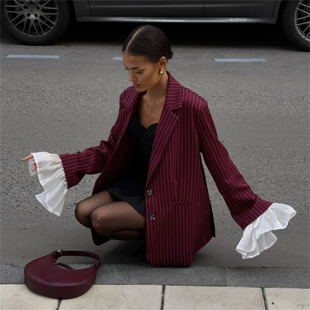 Winter Loose Burgundy Blazer Women Clothing Long Sleeve Striped Blazers Elegant Women Coat Causal Outerwears 250207