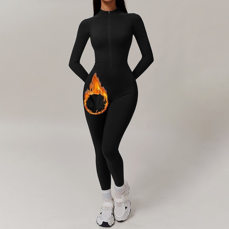 Black Slim Fleece Lined Women Bodysuit Autumn Winter Warm Long Sleeve Full Zip Turtleneck Tight Jumpsuit Sport Fitness Rompers 250206