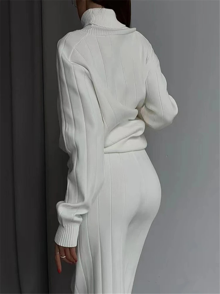 EFT Autumn Winter 2 Pieces White Womens Sets Knitted Tracksuit Turtleneck Sweater and Straight Jogging Pant Suits 250207