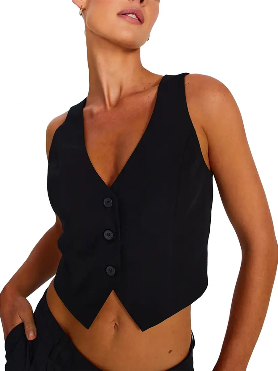 Women Vest Sleeveless V Neck Button Solid Color Outwear Gilet for Casual Daily 250207