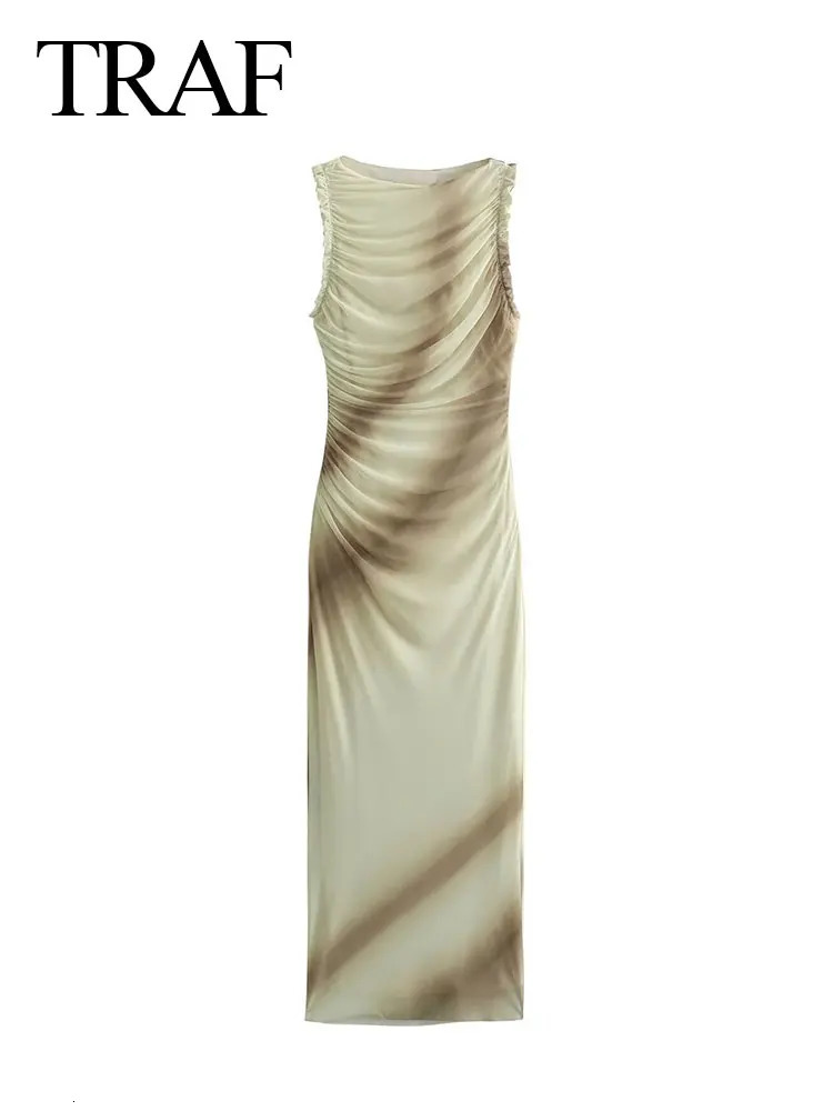 TRAF 2024 Summer Fashion Womens Twill Print Pleated Midi Dress O Neck Sleeveless Slim Robe Elegant Dresses For Evening Party 250207