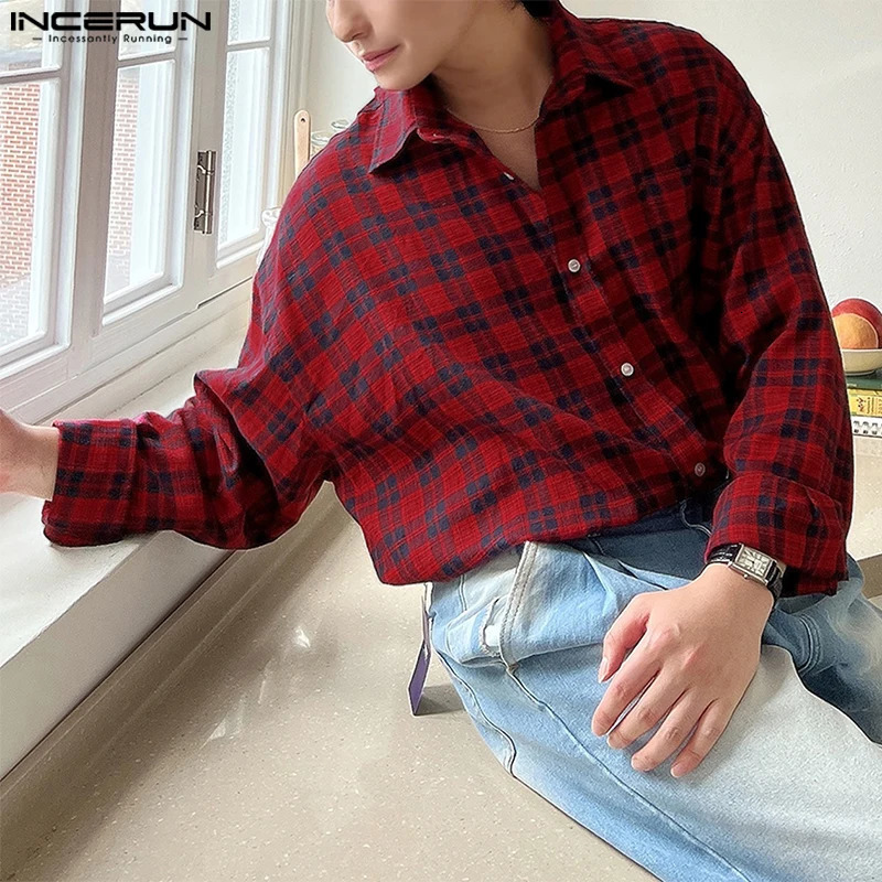 Korean Harajuku Handsome Men Shirts INCERUN Casual Long Sleeve Plaid Splicing Turn Down Collar Tops Loose Bottuns Blouses 250207