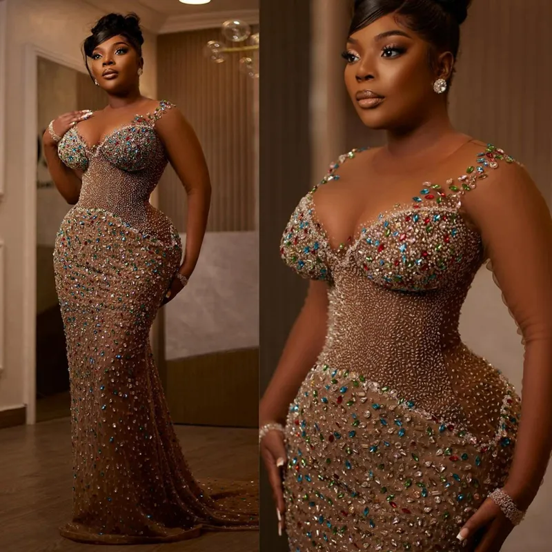 Aso Ebi Illusion Mermaid Prom Dresses 2025 Crystals Beaded urious Evening Formal Party Second Birthday Engagement Gowns Plus Size Dress For Special Oc