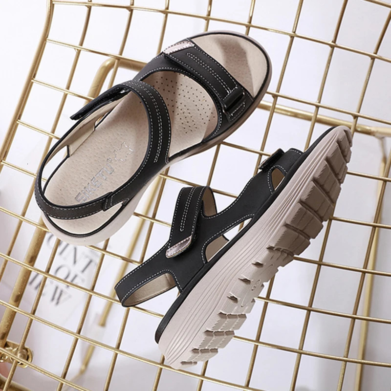 WOIZGIC Womens Ladies Mother Female PU Leather Sandals Shoes Platform Summer Cool Beach Hook Loop Non Slip Plus Size 41 42 250118