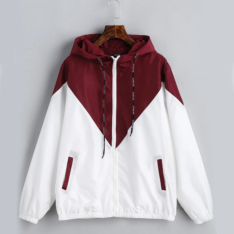 Fashion Hooded Windbreaker Jacket Women Elegant Color Block Patchwork Zipper Bomber Autumn Casual Coat Outerwear Raincoat 250207