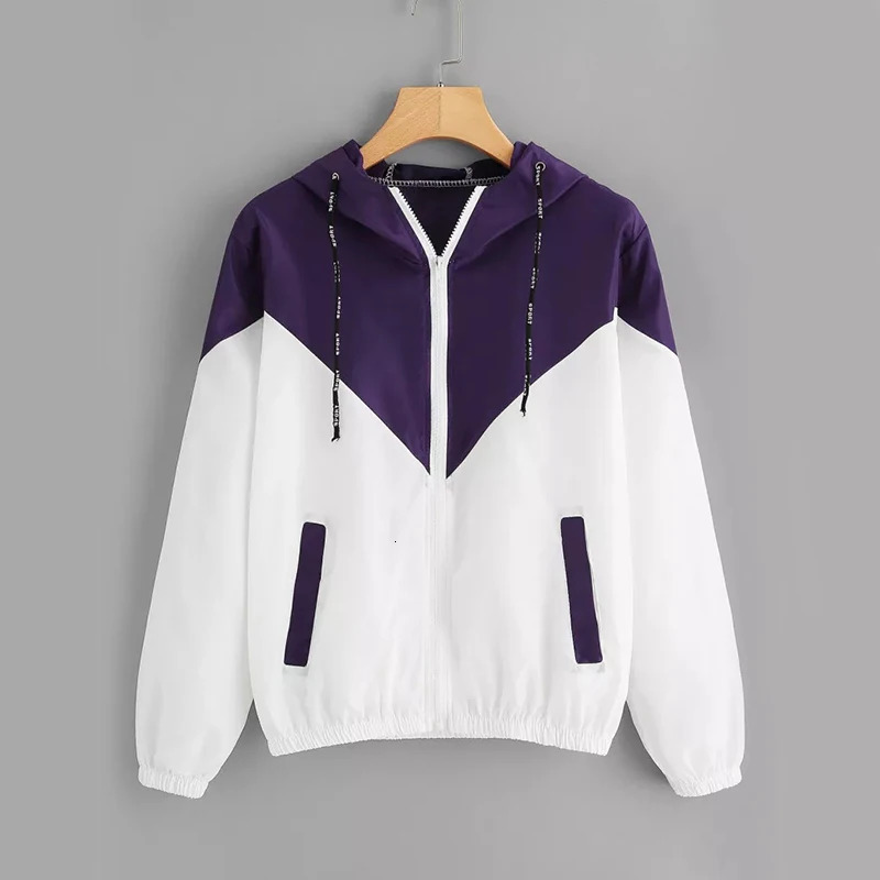 Fashion Hooded Windbreaker Jacket Women Elegant Color Block Patchwork Zipper Bomber Autumn Casual Coat Outerwear Raincoat 250207