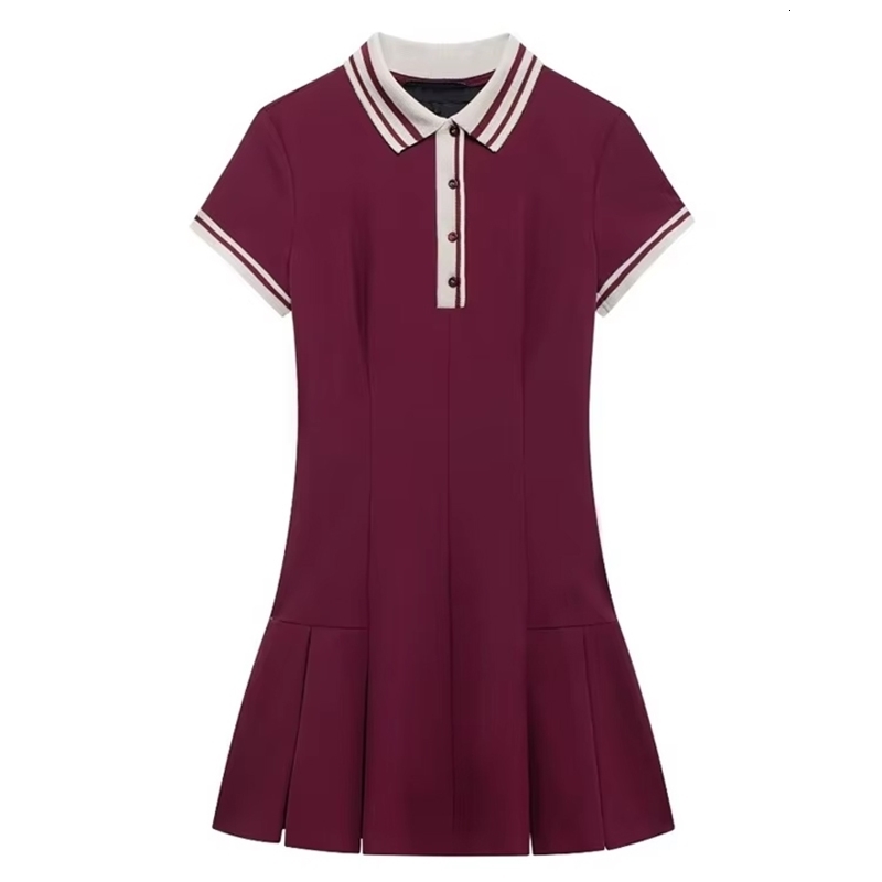 TRAFWomens Contrast Ribbed Pleated Knit Mini Dress Polo Collar Short Sleeves Female Dresses Chic Fashion y250206