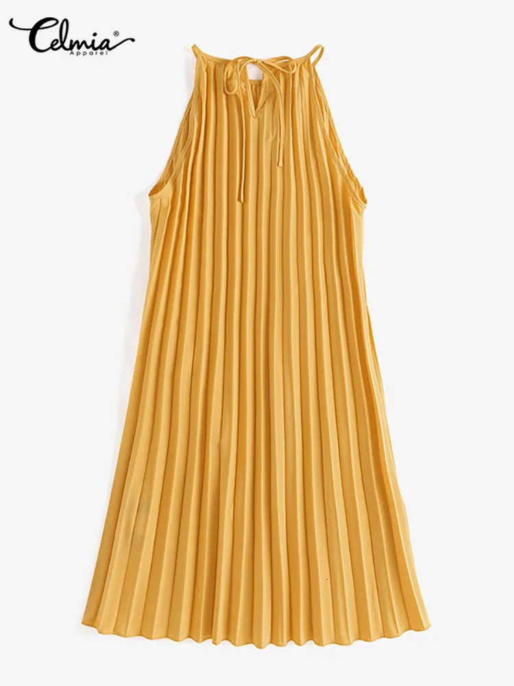 Celmia 2024 Summer Mini Sundres Sexy Straps Sleeveless Pleated Short Dress Beach Casual Loose Solid Color Party Dresses 250208Z