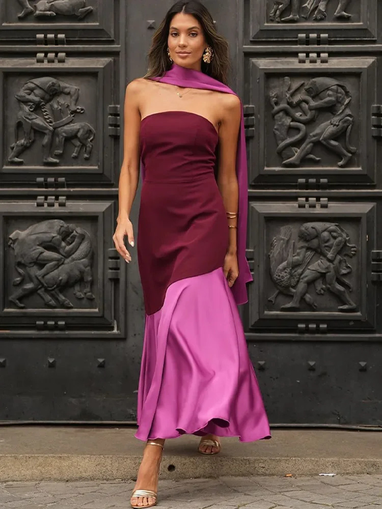Elegant strapless patchwork work hem womens dress sleeveless shoulder color vest summer retro 250206