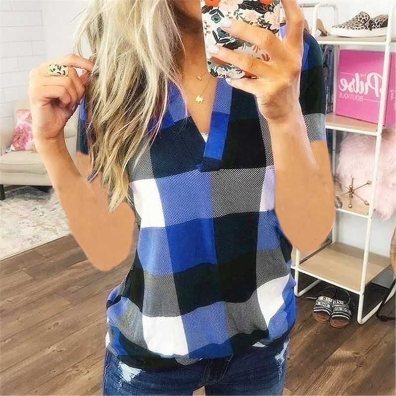 Women Vintage Short Sleeve Shirt V Neck Plaid Shirts Summer Female Casual Blouse Tops Streetwear Korean Style Clearance Sale 250121