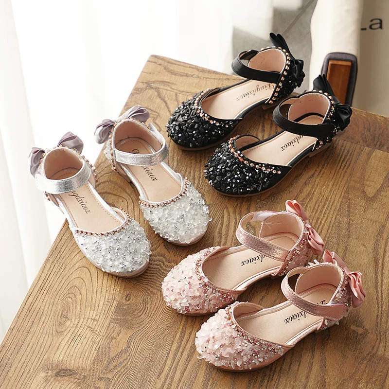 Kids Leather Shoes Girls Wedding Shoes Children Princess Sandals Sequins Bow Girls Casual Dance Shoes Flat Sandals E462 250121