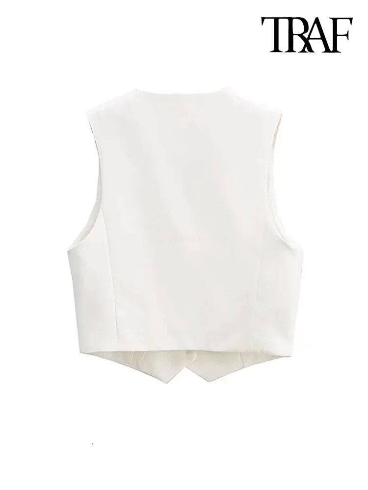TRAF Women Fashion Front Buttons Cropped Waistcoat Vintage V Neck Sleeveless Female Outerwear Chic Tops 250207