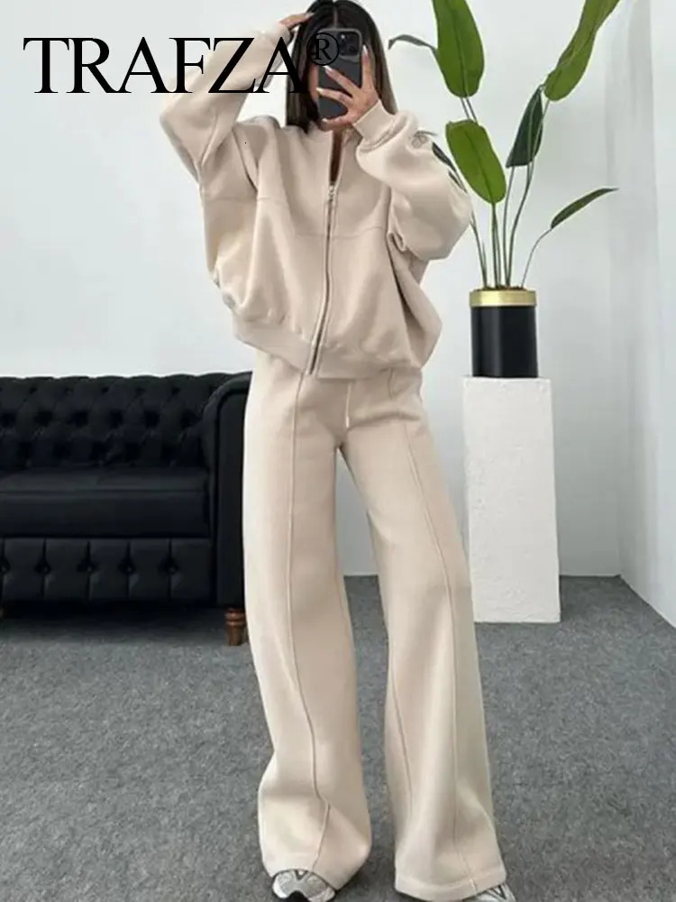 TRAFZA Bomber Jacket Pant Set For Women Casual Long Sleeve Zipper Coat Vintage Solid Sweatshirt Suit Spring Woman Streetwear 250207