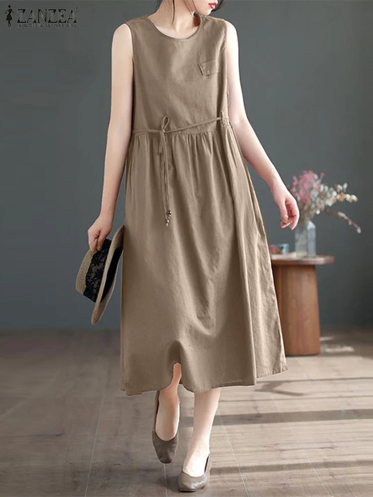 ZANZEA 2024 Summer Dres Casual Sleeveless Solid Midi Sundress Fashion Loose Holiday Beach Dresses Sarafans Dress Femme 250207