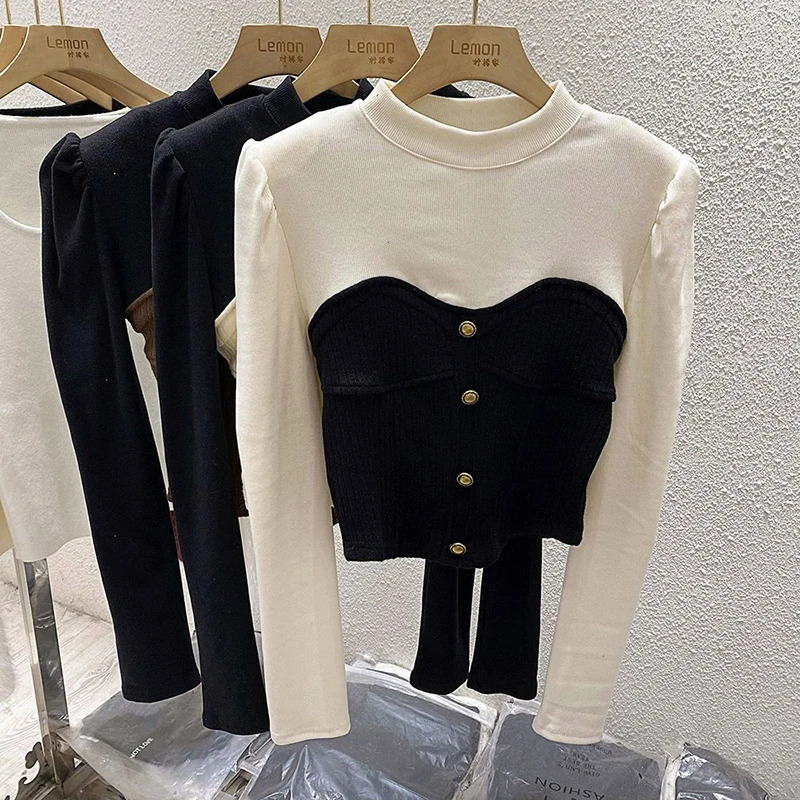 Elegant Patchwork T Shirt Streetwear Long Sleeve Crop Tops Fall Winter Korean Fashion Chic Buttons Slim All Match Tees 250114Z