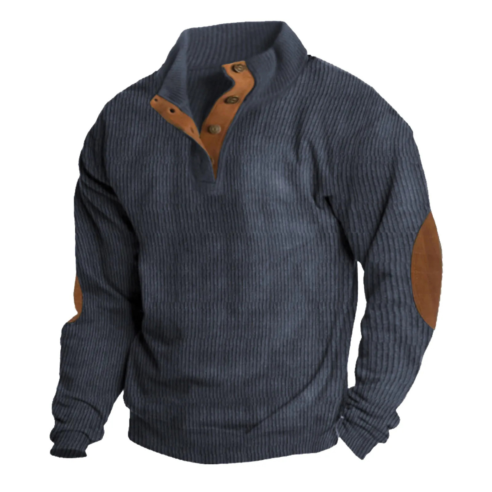 Mens Corduroy Shirt Lapel Collar Button Up Pullover Mock Neck Long Sleeve Sweaters Polo Sweatshirts with Elbow Patches 250207