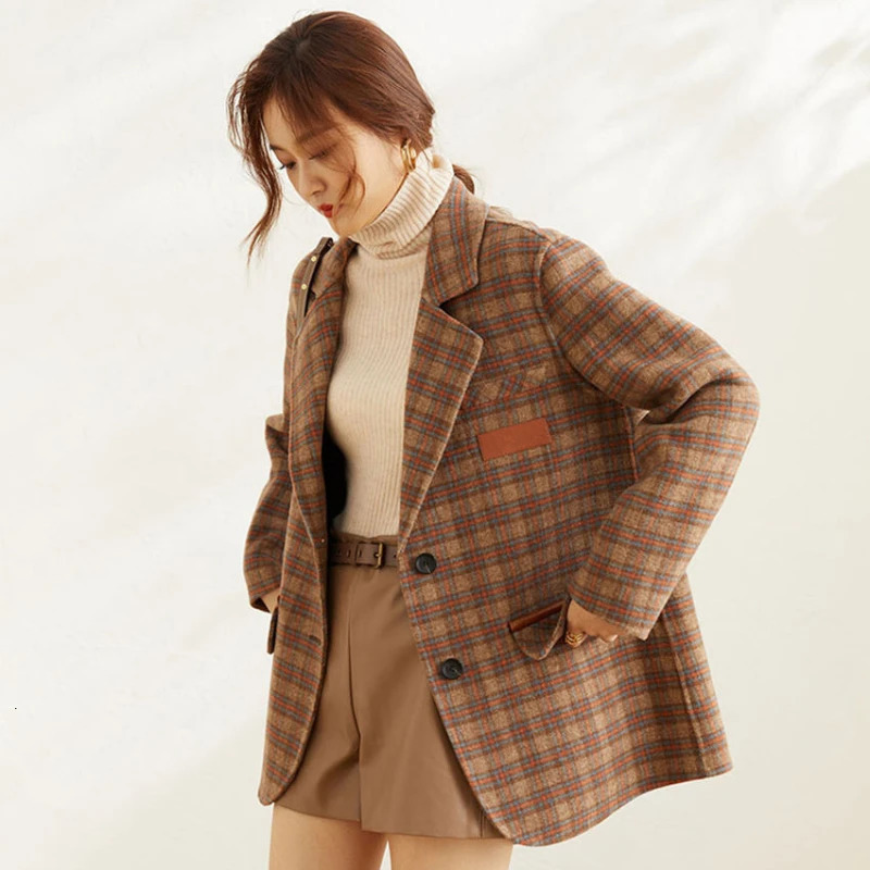 Womens High-end Cashmere Womens Jacket Plaid Coat Suit Jacket Korean Version Loose Fit 250207