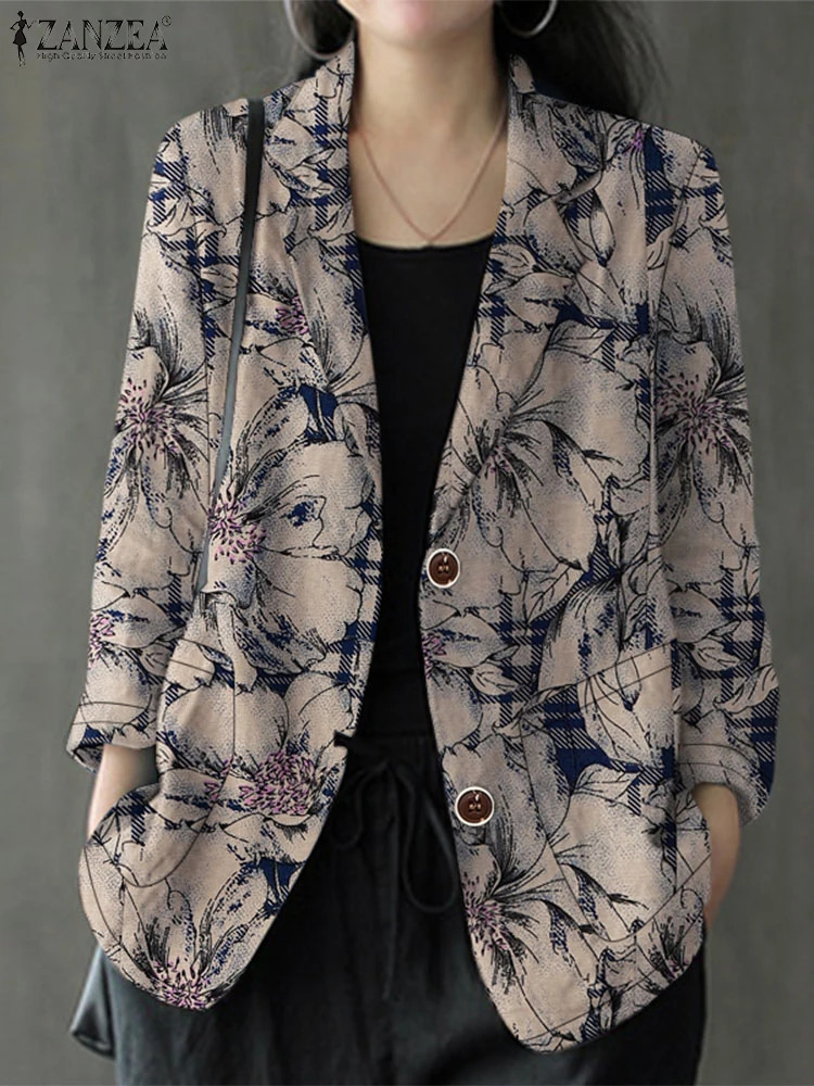 ZANZEA Women Vintage Thin Coats Casual Long Sleeve Lapel Neck Cotton Blazer Autumn Floral Printed Suits Retro Work Jackets 250207
