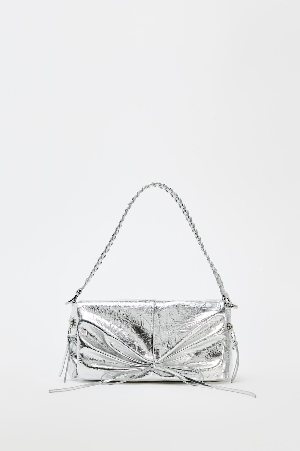 designer bag Z Home 2024 Summer New Women's Premium Silver Bow Flip Metal Fold Decoration Shoulder Bag