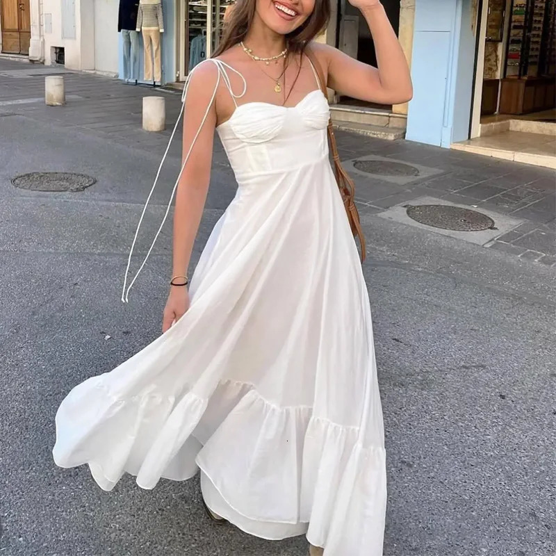 TRAF White Long Dresses 2024 Women Summer Elegant Evening Party Butterfly Midi Dress Ladies Fashion Pleated Slip 250207
