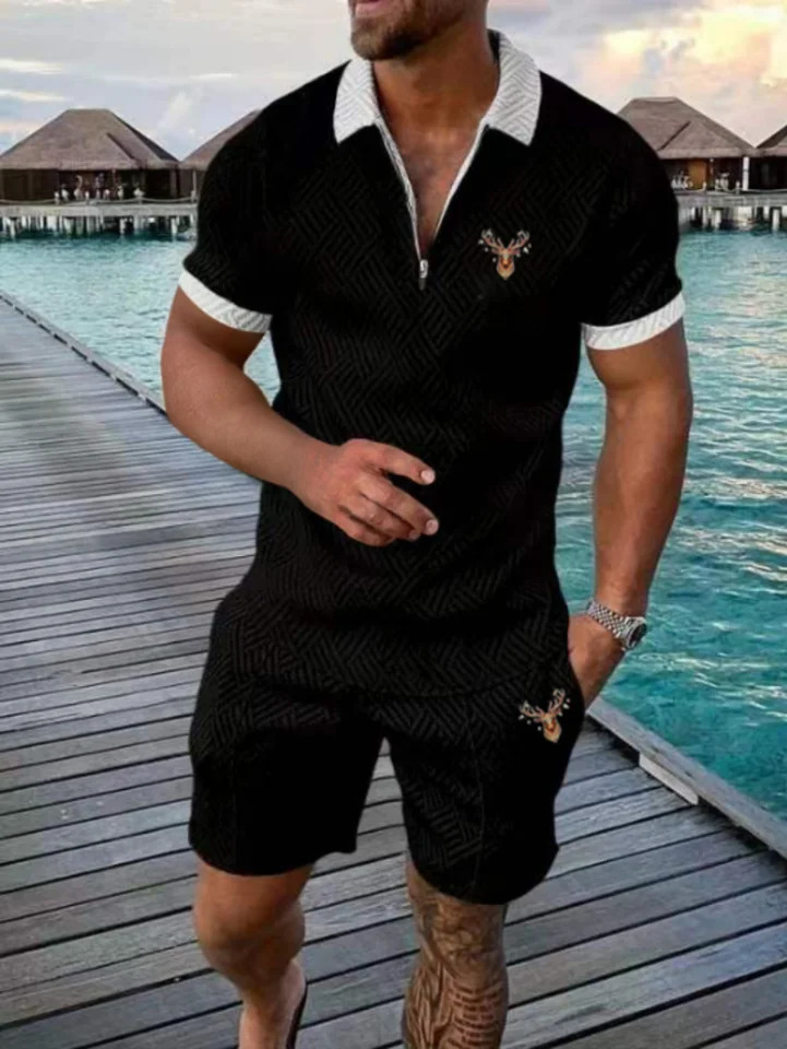 2025 Spring and Summer Fashion Mens Shortsleeved Lapel Suit Casual Deer Head Print Twopiece Daily Wear POLO 250207